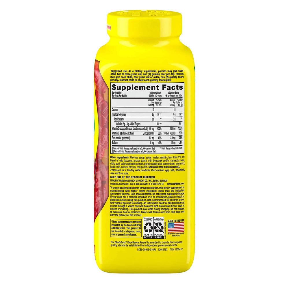 Close-up of gummy bear-shaped vitamins in L'il Critter Immune C Plus Zinc & Vitamin D bottle