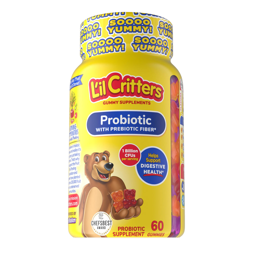 L'il Critters Probiotic bottle showing grape, cherry, and orange flavors