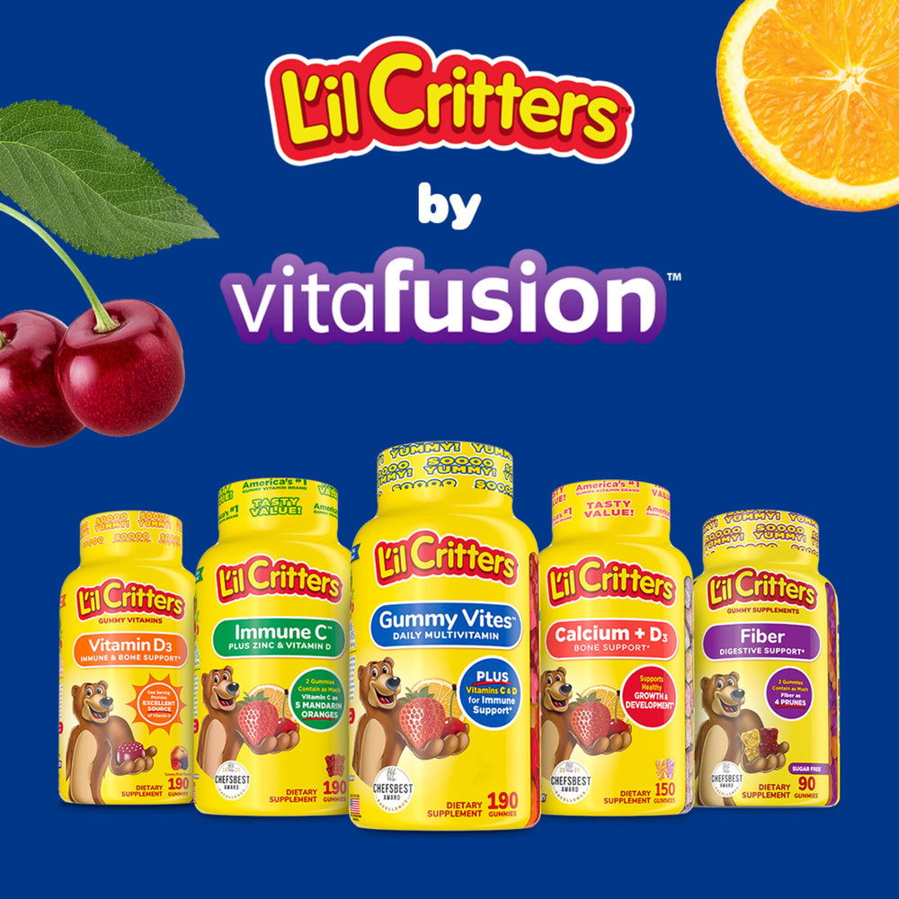 Assorted gummy bears in grape, cherry, and orange flavors