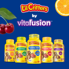 Assorted gummy bears in grape, cherry, and orange flavors