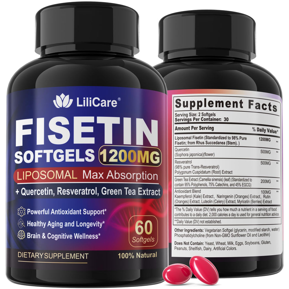 LILICARE Fisetin liposomal softgels bottle and packaging
