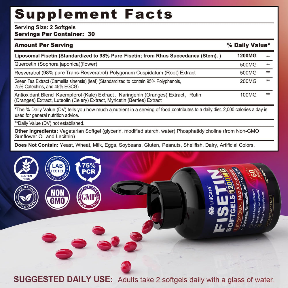 Close-up of LILICARE Fisetin liposomal softgels