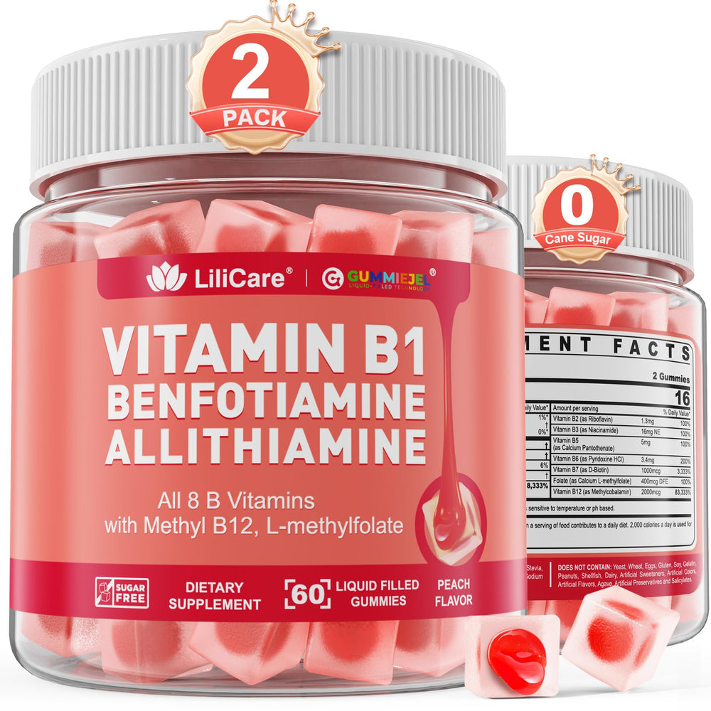 LILICARE front label showing peach-flavored B-complex, clear branding and benefit