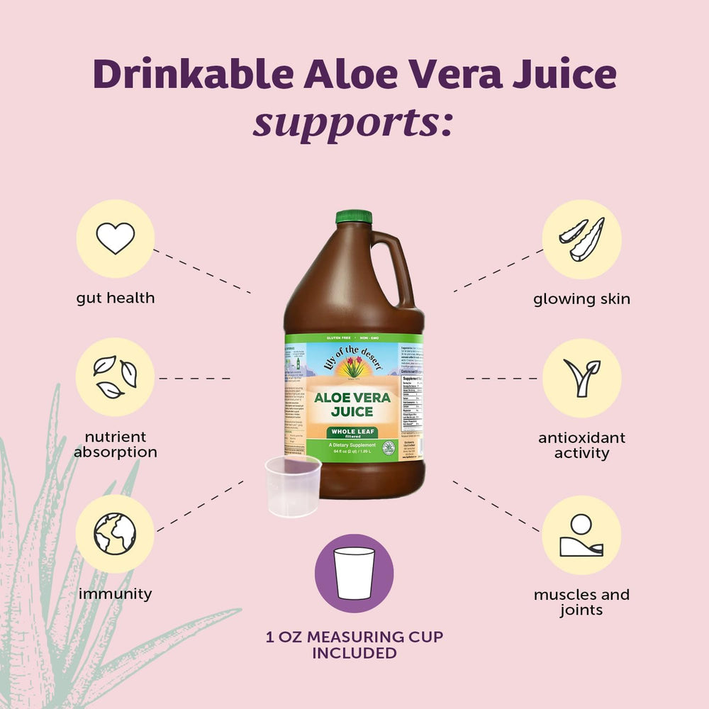 Pouring Lily Of The Desert Aloe Vera Juice into a glass