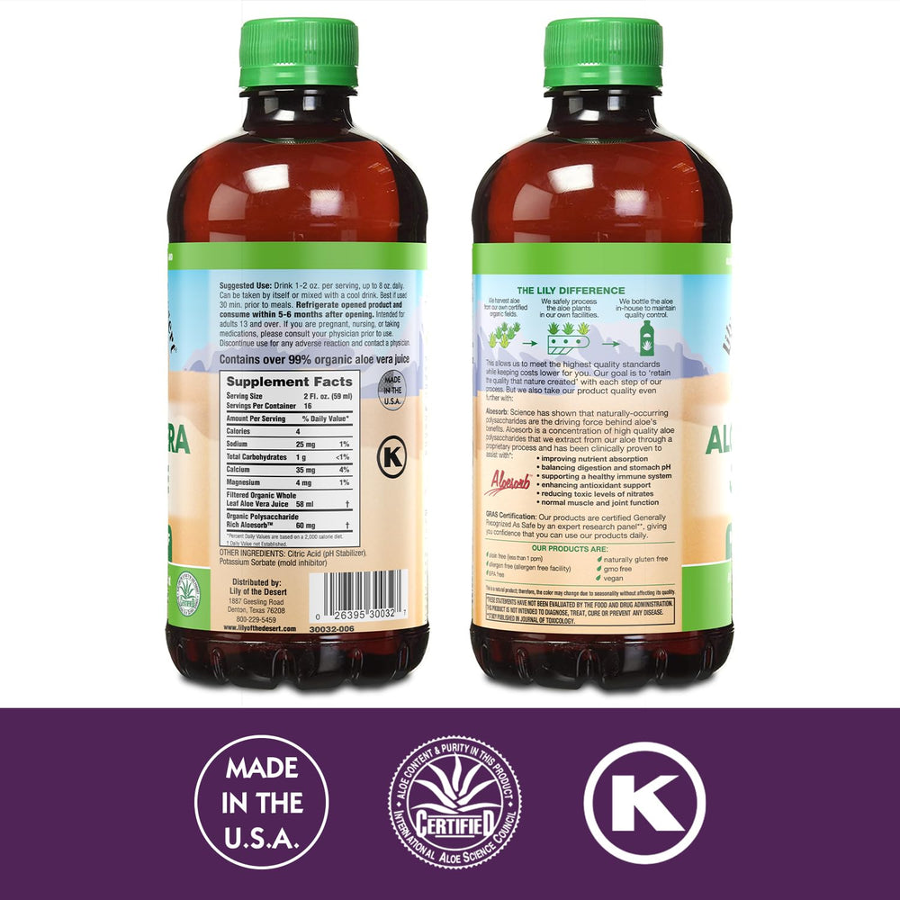 Lily of the Desert Aloe Vera Juice bottle back label with ingredients
