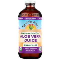 Lily of the Desert Aloe Vera Juice bottle with label, preserving organic, preservative-free hydration support.