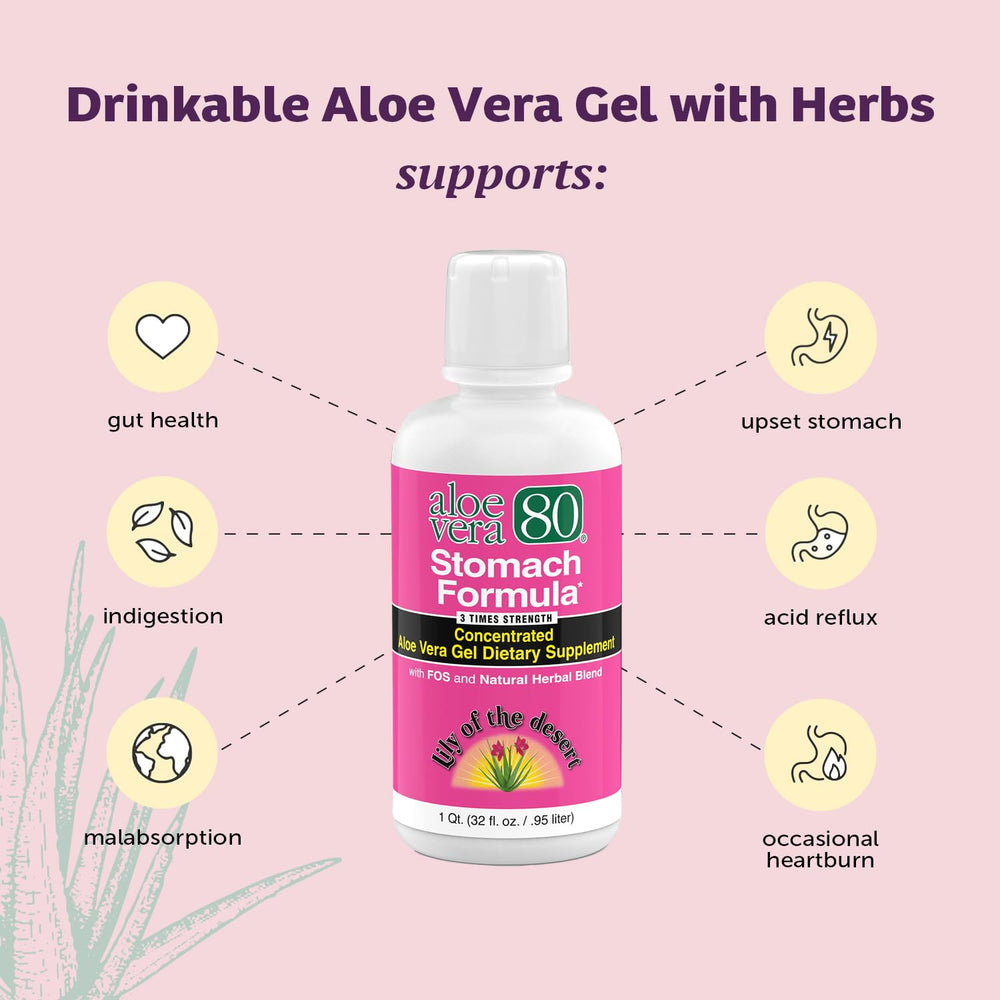 Back label with ingredients on Lily of the Desert Aloe Vera 80 Stomach Formula bottles