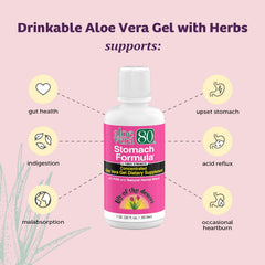 Back label with ingredients on Lily of the Desert Aloe Vera 80 Stomach Formula bottles