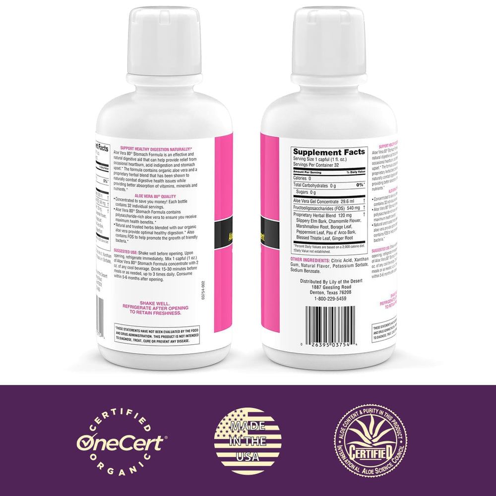 Front view of Lily of the Desert Aloe Vera 80 Stomach Formula bottles
