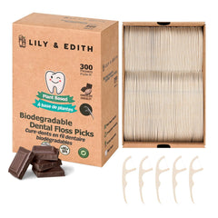LILY & EDITH biodegradable floss picks with chocolate flavor and straw-wheat handle