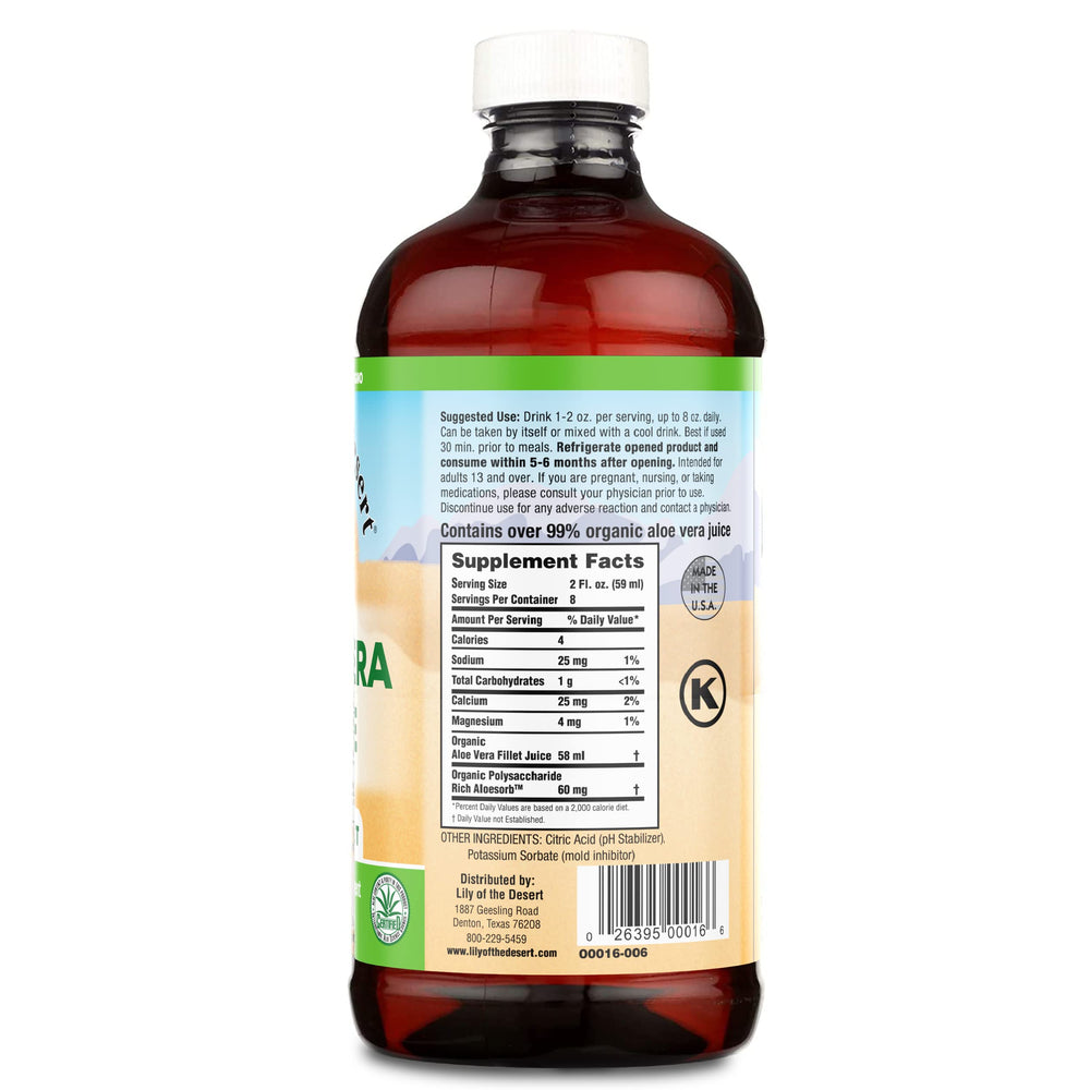 Close-up of Lily of the Desert Aloe Vera Juice bottle