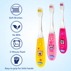 Bright animal designs and glow on toothbrush handles