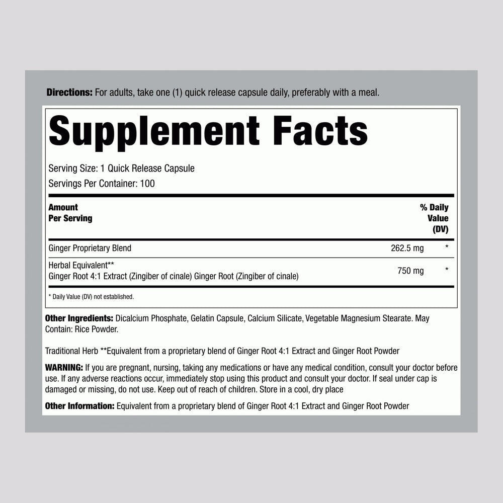 Ginger Root Capsules label showing 750 mg per capsule