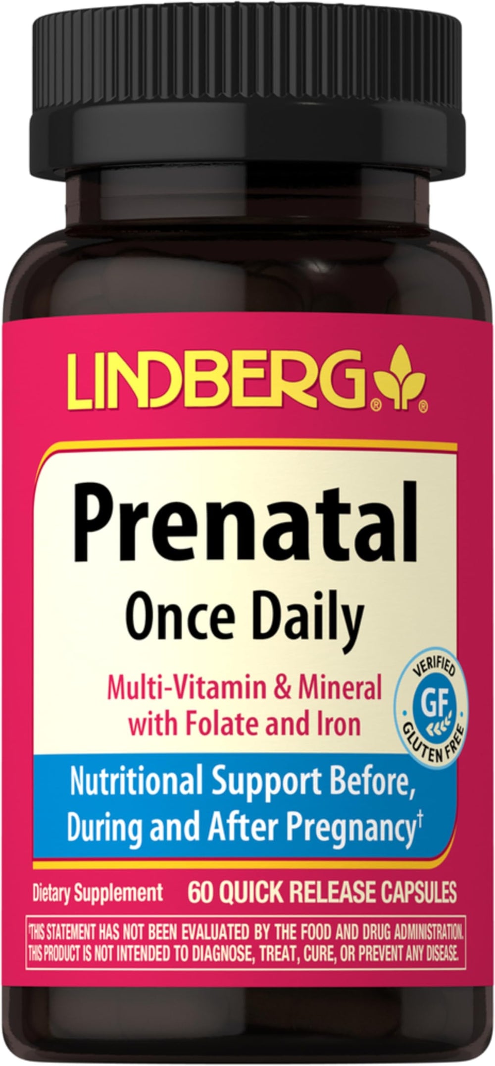 Front view of Lindberg Prenatal Vitamins for Women, 60 capsules