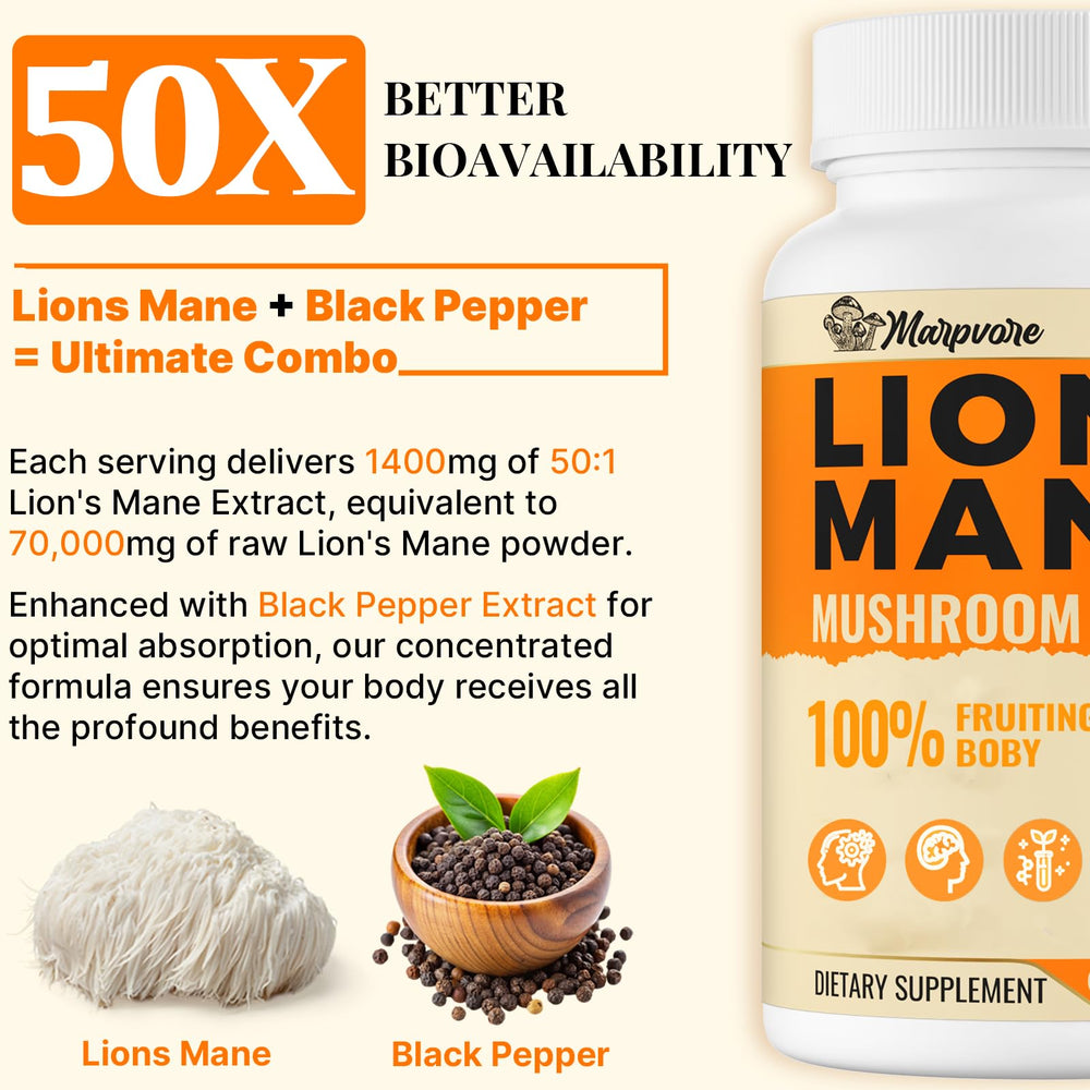 60-capsule bottle of Lion's Mane brain supplement