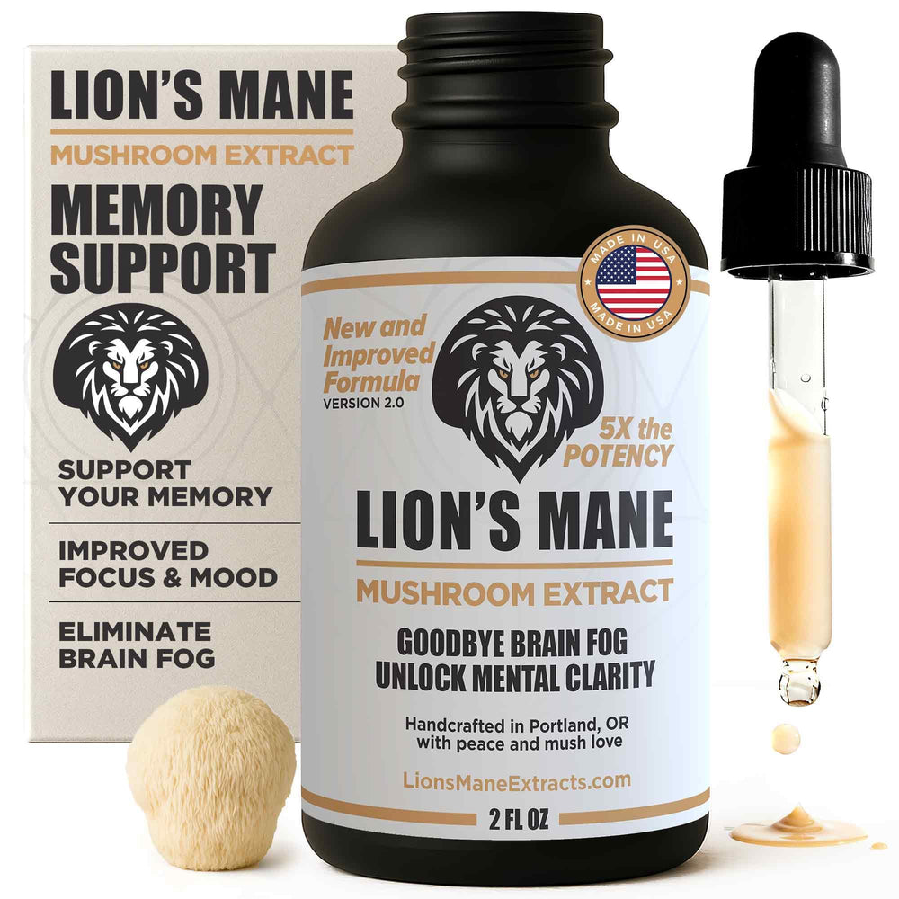 Front view of Lion's Mane tincture bottle, 2 oz, USA-grown