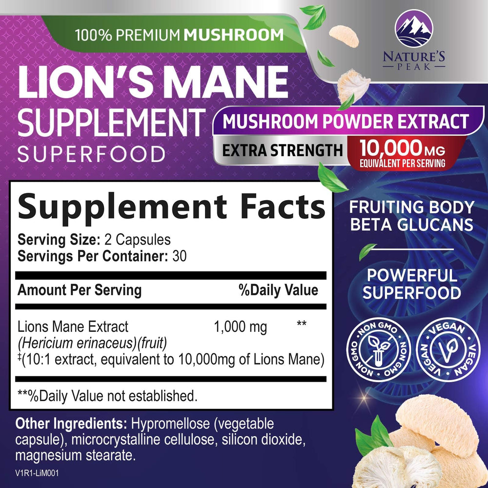 Close-up of Lions Mane Mushroom Capsules bottle label 10000mg