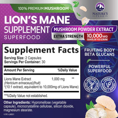 Close-up of Lions Mane Mushroom Capsules bottle label 10000mg