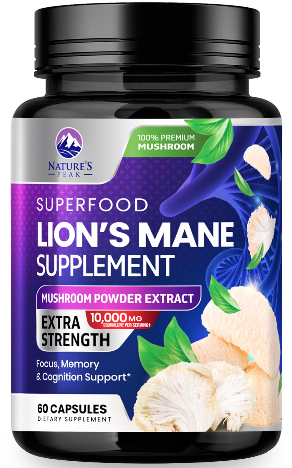 Front view of Lions Mane Mushroom Capsules bottle with label