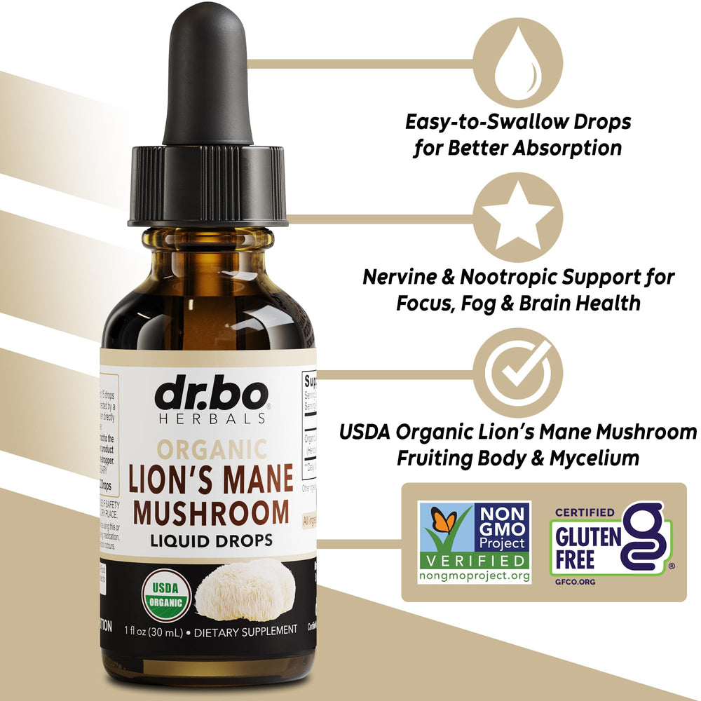 Close-up of organic Lions Mane tincture drops