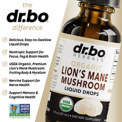 Ingredients and organic label for Lions Mane drops