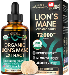 Lions Mane Liquid bottle displaying 72,000 mg per bottle