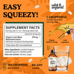 Lions Mane bottle label highlighting vegan and alcohol-free