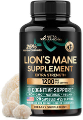 Lions Mane supplement capsules bottle labeled 1200 mg
