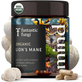 Front view of Lions Mane supplement capsules bottle