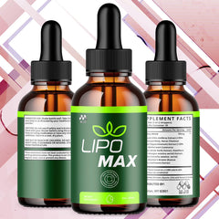 Close-up of Lipomax Drops bottle highlighting all-natural ingredients