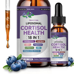Front view of Liposomal Cortisol Drops bottle in Blueberry flavor, 60ml