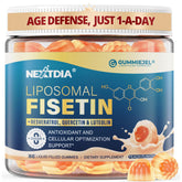 Bottle label showing Liposomal Fisetin 200mg & Trans-Resveratrol 500mg gummies