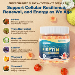 Ingredients list including fisetin, trans-resveratrol, quercetin, luteolin