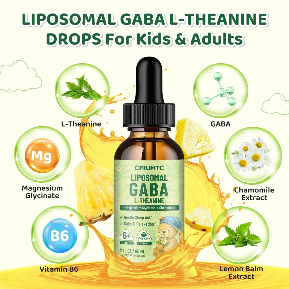 Label and bottle of Liposomal GABA L-Theanine Drops for kids