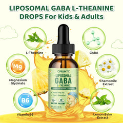 Label and bottle of Liposomal GABA L-Theanine Drops for kids