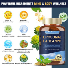 Bottle back label with ingredients for Liposomal L-Theanine 750mg