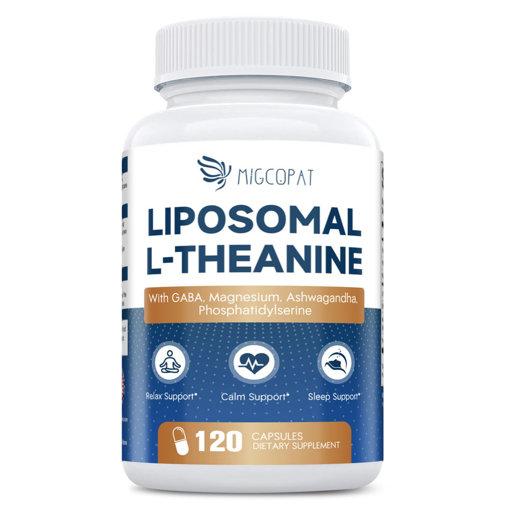 Product hero image showing Liposomal L-Theanine 800mg with GABA and nutrients (120 capsules, vegan).