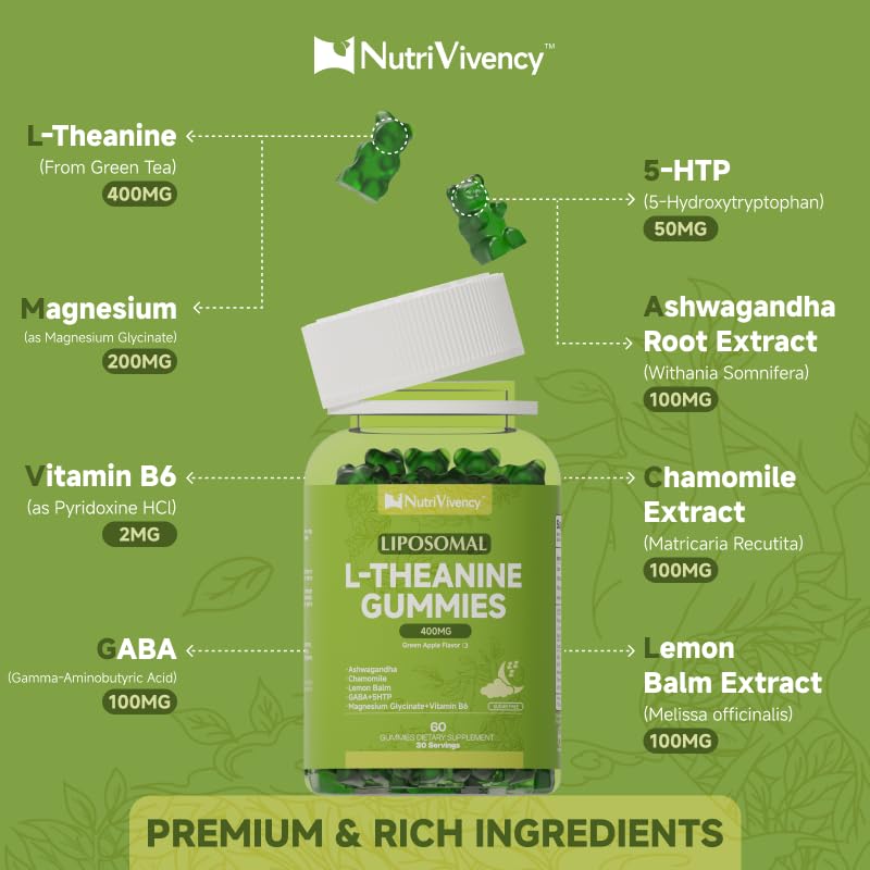 Ingredients and supplement facts panel for Liposomal L-Theanine Gummies