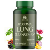 Liposomal Lung Cleansemax bottle and capsules on white background
