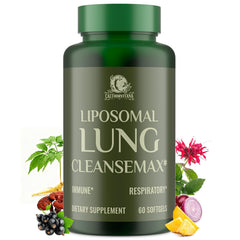 Liposomal Lung Cleansemax bottle and capsules on white background