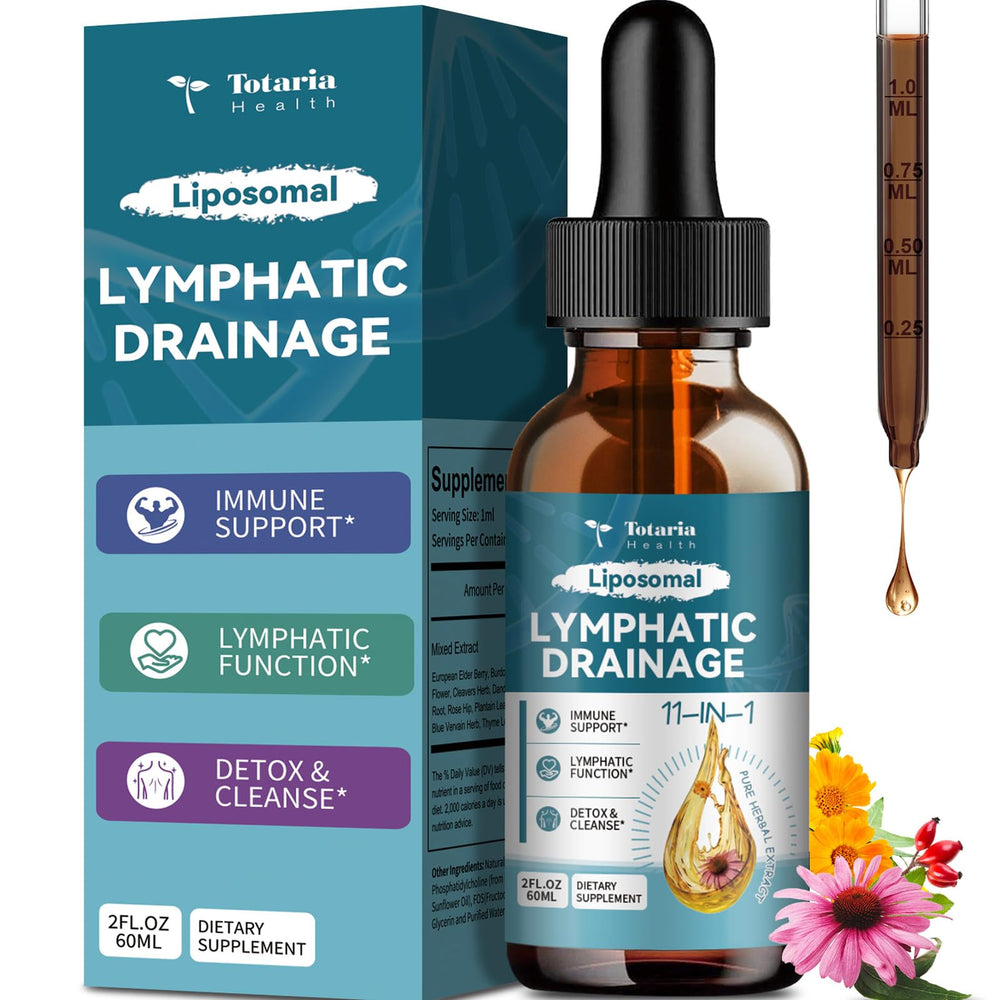 Front view of Liposomal Lymphatic Drainage Drops bottle with label