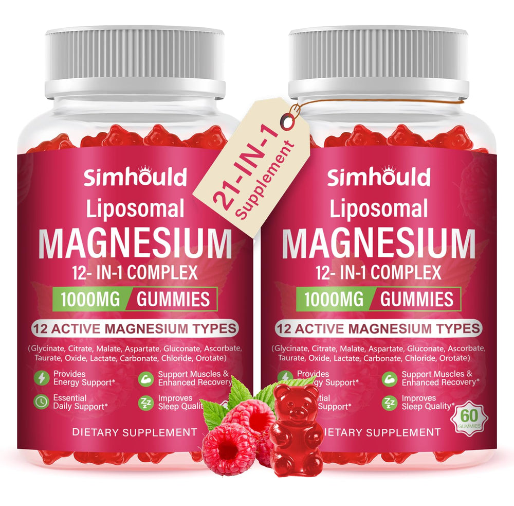 Bottle of 2 Packs Liposomal Magnesium Complex Gummies with label showing 12 magnesium forms