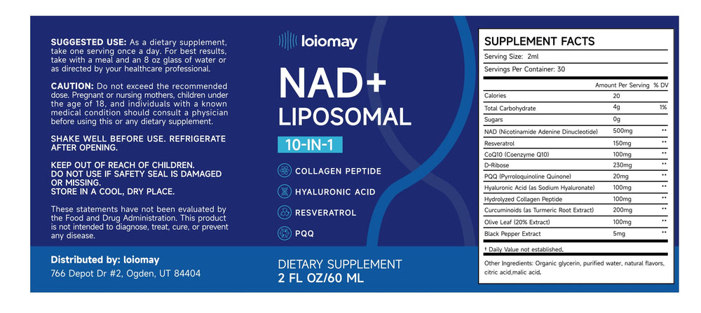 Packaging and 2 fl oz bottle of Liposomal NAD+ Drops