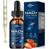 Liposomal NAD+ liquid supplement bottle in strawberry flavor, 2 fl oz