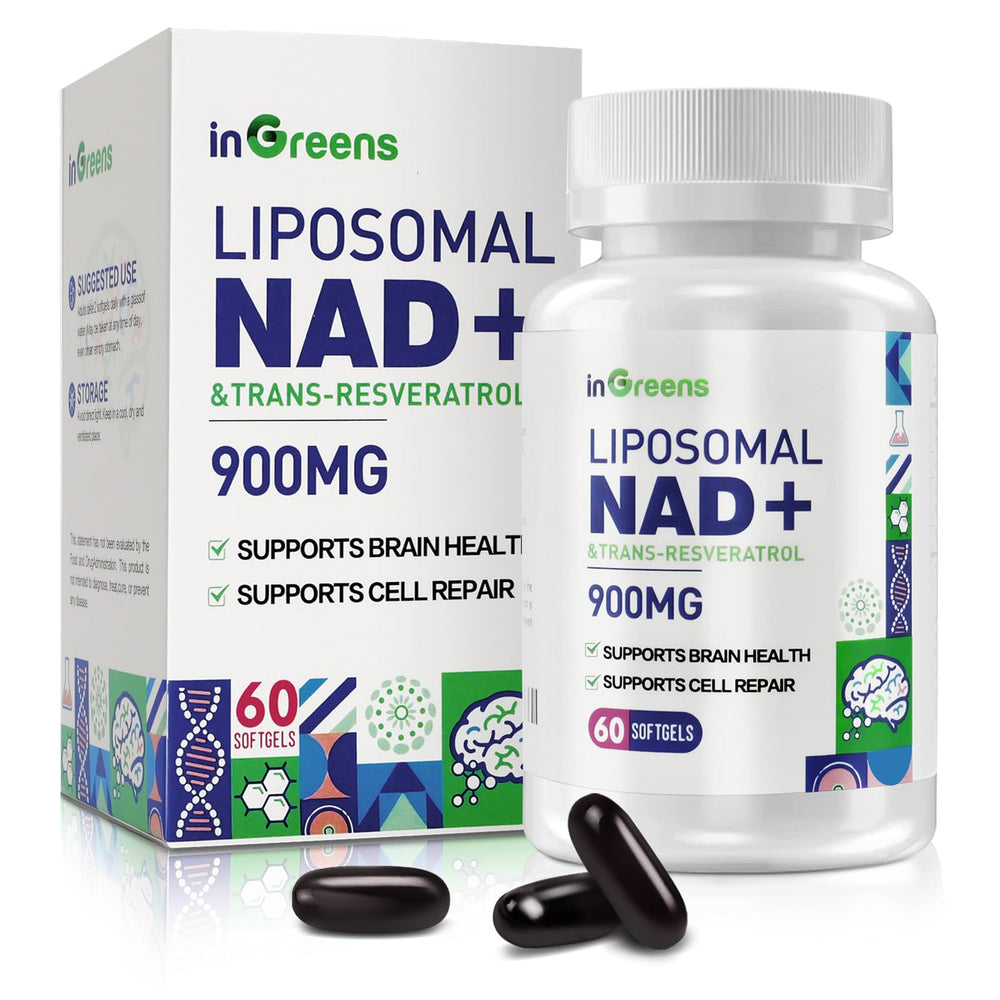 Hero image showing 60 softgels bottle of 900 mg liposomal NAD+ with trans-resveratrol