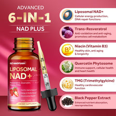 Bottle label highlighting 1200mg Liposomal NAD+ and ingredients