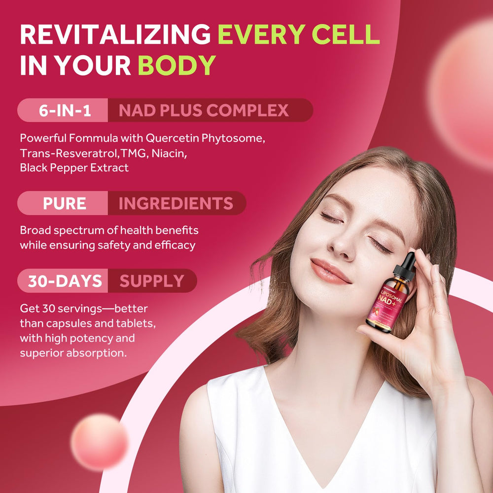 NAD supplement bottle beside a glass of water