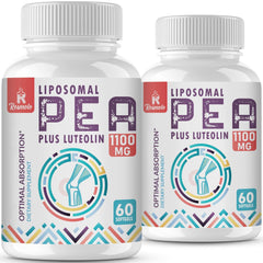 Front view of Liposomal PEA 1000 mg + Luteolin 100 mg bottle with 120 softgels