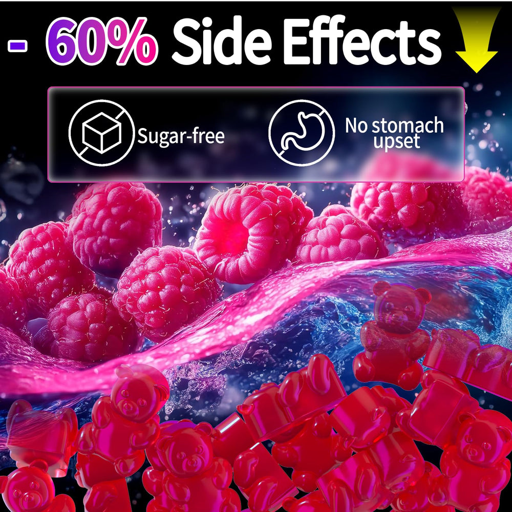 60-count Raspberry gummies bottle with fresh raspberries in background