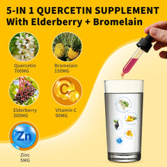 Ingredients list showing quercetin, bromelain, elderberry, vitamin C, zinc